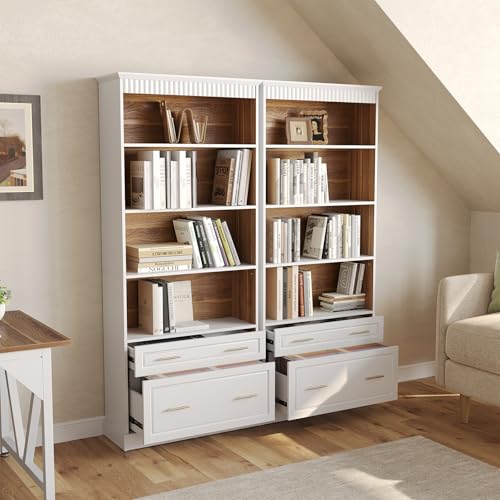 LITTLE TREE 72-Inch Tall White Bookcase, 5-Tier Wooden Open Display Bookshelf with 2 Drawers fits Letter, Legal, A4 Size, Modern Floor Standing Storage Organizer for Home Office & Living Room,Bedroom LITTLE TREE