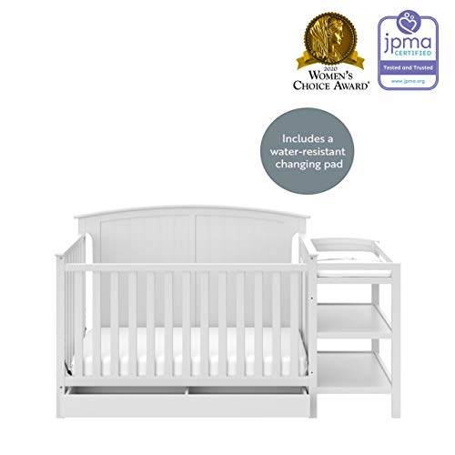 Storkcraft Steveston 5-in-1 Convertible Crib and Changer with Drawer (White) – GREENGUARD Gold Certified, Crib and Changing Table Combo with Drawer, Converts to Toddler Bed, Daybed and Full-S - WoodArtSupply