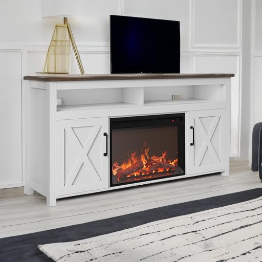 BELLEZE 58" Farmhouse Fireplace TV Stand for TVs up to 65", 23" Electric Fireplace Heater with Sound, Entertainment Center Media Console Table Barn Door Storage Cabinets for Living Room - White