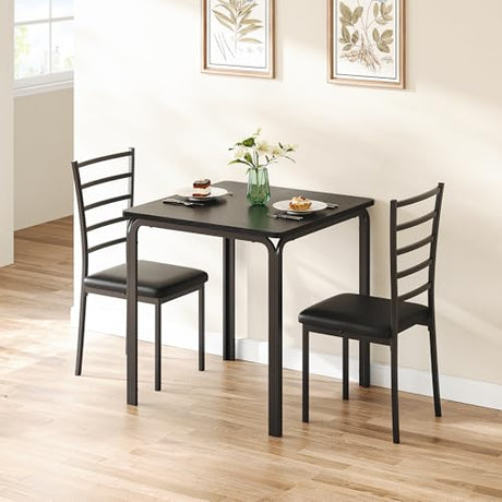 ELETHEBIA Dining Table Set for 2 Person Seat,Table with 2 Upholstered Chairs - Spacious Square Rounded Corner Top, Perfect for Apartment Living Room, Dining Room, Study, and Kitchen Workspace (Black) ELETHEBIA