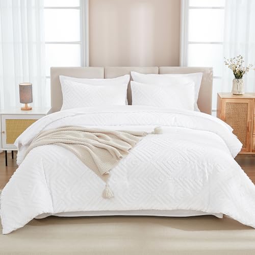 Andency White Comforter Queen Size Set with Sheets - 7 Pieces Boho Bed in a Bag Tufted Bedding Sets Lightweight All Season Bed Set with Comforter, Sheets, Pillowcases & Shams Andency