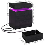 LIKIMIO Night Stand with Charging Station, Modern Black Nightstand with LED Light and Drawers, Bedside Tables/End Table for Bedroom LIKIMIO