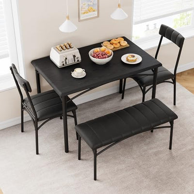 GAOMON 4-Piece Kitchen Dining Room Table Chair Set, Indoor Modern Dinette Set for 4 with Upholstered Bench and 2 Chairs, Square Dinner Table Set for Small Space, Apartment, Dinner, Breakfast, Black
