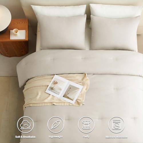 CozyLux Beige Queen Comforter Set, 3 Pieces Boho Solid Breathable Quilted Style Bedding Sets, Luxury Fluffy Soft Bed Set with Down Alternative Comforter for All Season (1 Comforter & 2 Pillowcases) CozyLux