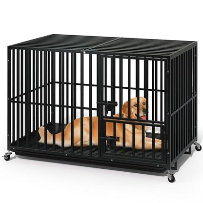 YITAHOME Heavy Duty Indestructible Dog Crate, 47/43/37 inch Escape Proof Dog Cage Kennel with Lockable Wheels, High Anxiety Dog Crate, Extra Large Crate Indoor for XL Large Dog with Removable Tray