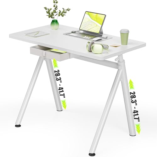 WALKINGDESK Standing Desk, 4-Leg Pneumatic Adjustable Desk for Walking Pad Treadmill - Stable No Wobble Fixed Frame, 32” Computer Desk with Fabric Drawer for Home Office, Gaming Desk, White WALKINGDESK