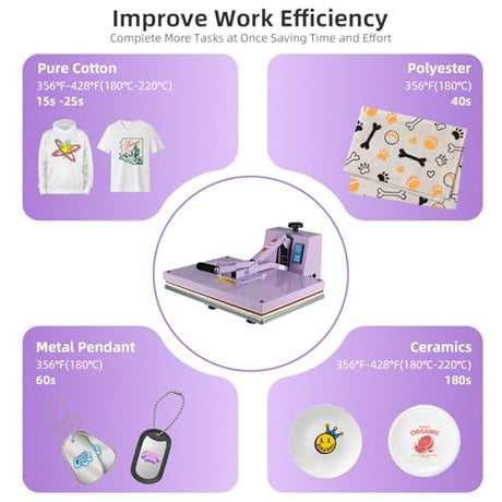 TLSols Heat Press 16x24 in, Manual Heat Press Machine for T Shirts, Swing Away T Shirt Pressing Machine for Garments Bag Textile Curtain Mousepad, with Slide-Out Base, Purple TLSols