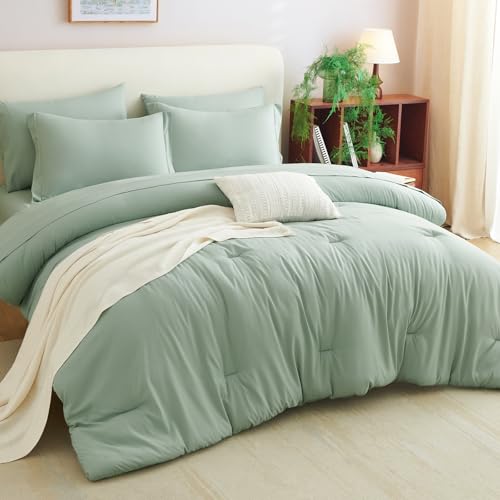 CozyLux Queen Comforter Set Sage Green, 7 Pieces Bed in a Bag Queen Comforter Set with Sheets, Luxury Soft Bedding Sets with Down Alternative Comforter, Fitted Sheet, Flat Sheet, Pillowcases & Shams CozyLux