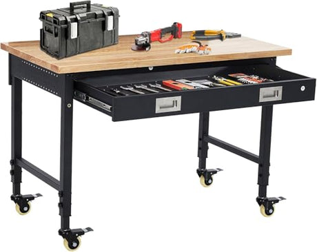 60" Adjustable Workbench with Power Outlet, Heavy Duty 2000 LBS Load Solid Hardwood Garage Work Table for Workshop, Office, Garage, Home with Wheels EcoSummer