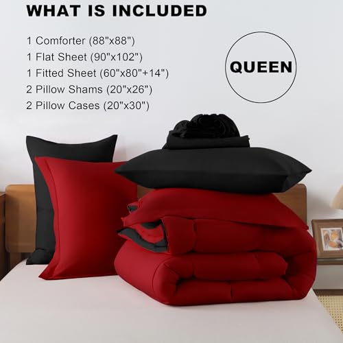 ELNIDO QUEEN® Queen Comforter Set 7 Pieces, Red and Black Bed in a Bag Queen Size, Bed Set All Seasons Bedding Sets with Reversible Comforter, Flat Sheet, Fitted Sheet, Pillowcases and Pillow Shams ELNIDO QUEEN