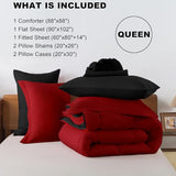 ELNIDO QUEEN® Queen Comforter Set 7 Pieces, Red and Black Bed in a Bag Queen Size, Bed Set All Seasons Bedding Sets with Reversible Comforter, Flat Sheet, Fitted Sheet, Pillowcases and Pillow Shams ELNIDO QUEEN