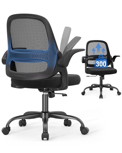 Ergonomic Mesh Office Chair for Home Office, Flip-Up Arms, Breathable Mesh Back & Thick Seat Cushion, Swivel Rolling Computer Desk Chair, BIFMA Certified, Supports 300 lbs (Black Frame/Black Seat) amseatec