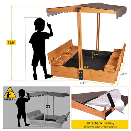 Aivituvin Kids Sand Boxes with Canopy Sandboxes with Covers Foldable Bench Seats, Children Outdoor Wooden Playset - Upgrade Retractable Roof (47x47Inch) Aivituvin