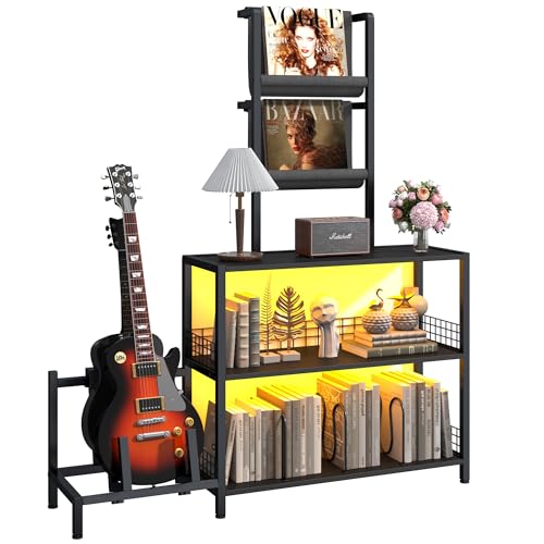 kepptory Tall Record Player Stand with LED Lights, Display Shelf Bookshelf with Guitar Stand, Floor Lamp with Shelves, Vinyl Holder and Adjustable Stand, for Living Room Bedroom(Black) kepptory