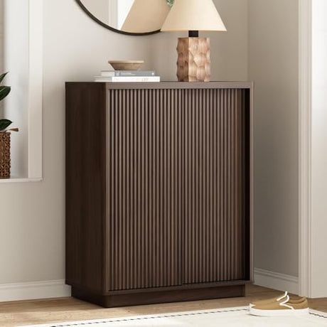 WINWY Fluted Shoe Cabinet with Sliding Door, 6-Tier Large Hidden Storage Organizer Modern Shoe Rack with Adjustable Shelves, Mid Century Freestanding Wooden Shoe Storage Cabinet for Entryway,Walnut WINWY