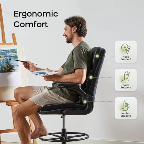 Drafting Chair Tall Office Chair with Padded Flip-up Armrests Executive Ergonomic Computer Standing Desk Chair with Comfortable Leather Backrest and Adjustable Footrest Ring (White) amseatec