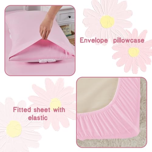 CotComf Toddler Bedding Set for Girls 4-Piece Pink Boho Tufted Daisy Flowers Toddler Comforter Sheets Set Bed-in-a-Bag Toddler Bedroom Set with Comforter, Flat Sheet, Fitted Sheet, Pillowcase CotComf