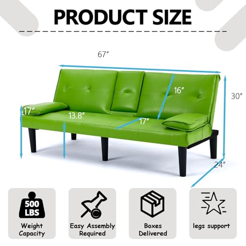 Klwenas Maec Green Futon Couch & Convertible Futon Sofa Bed for Small Space, 67" Loveseat Couches with Removable Armrests & 2 Cup Holders for Living Room Bedroom Dorm Apartment, Easy Assemble (Green) Klwenas Maec