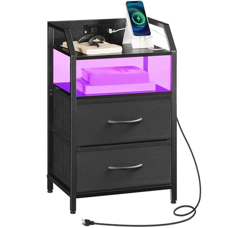 HOOBRO Nightstand with Charging Station, Bedside Table with 1 AC Outlet, 1 USB Port, and 1 Type-C Port, Night Stand with LED Light Strip and Non-Woven Drawers, for Bedroom, Black BB012UDBZ01 HOOBRO