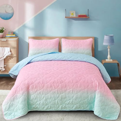 Xruibed Pink Quilt Set Twin Size Ombre Blue Pink Mint Quilt Sets Kids Girls Bedding Set 2PCs Summer Reversible Lightweight Microfiber Bedspread Coverlet Sets for All Season (68''x86'')