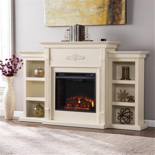 Bowery Hill Traditional Wood Electric Fireplace with Bookcases in Ivory BOWERY HILL