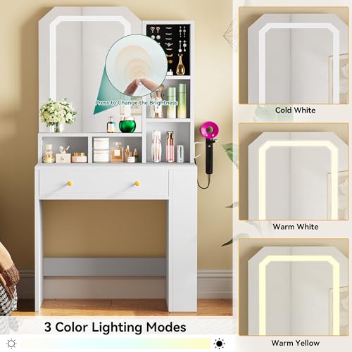 YITAHOME Vanity Desk with Adjustable LED Mirror, Jewelry Organizer, and Ample Storage Options for Bedroom and Dressing Room - WoodArtSupply