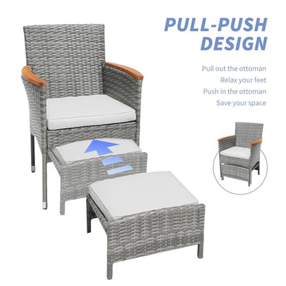 5 Piece Outdoor Patio Furniture Set with Table&Ottoman Outdoor Furniture Patio Set Bistro Wicker Patio Set of 2 Outside Lawn Chairs Conversation Sets for Porch Balcony Deck(Gray Wicker&Gray C - WoodArtSupply