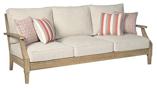 Signature Design by Ashley Clare View Coastal Outdoor Patio Eucalyptus Sofa with Cushions, Beige - WoodArtSupply