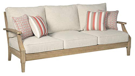 Signature Design by Ashley Clare View Coastal Outdoor Patio Eucalyptus Sofa with Cushions, Beige Signature Design by Ashley