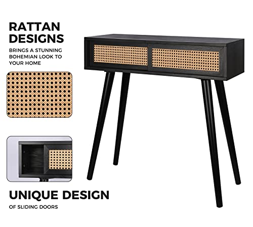 Console Table Small Entryway Table, 31" Console Tables for Entryway, Vanity Desk Rattan Dresser Side Table Black Entry Table Narrow Console Table Modern Hallway Table Boho Sofa Table for Living Room ZYBT