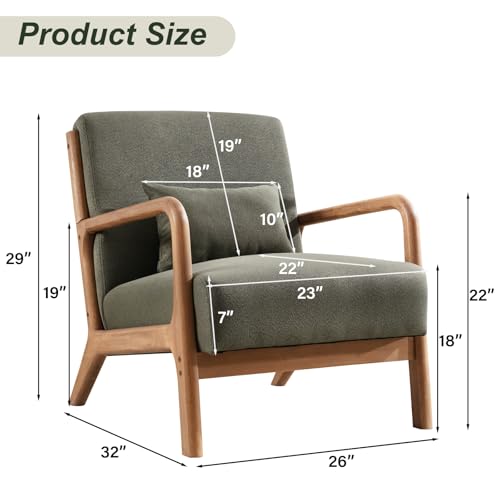 IOMOR Accent Chair Mid Century Modern Chair Linen Fabric Living Room Chairs with Solid Wood Frame Comfy Upholstered and Lumbar Pillow Reading Side Chair Easy Assembly for Bedroom Room (1, Linen Green) IOMOR