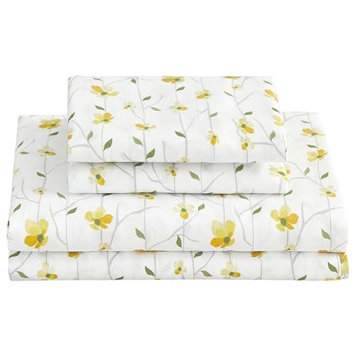 Softan Yellow Floral Bed Sheets Full Flower Printed Sheets - Patterned Microfiber Fitted Sheets Full with 15" Deep Pocket & Non-Slip Straps, Cute Flower Sheets & Pillowcase Set Softan