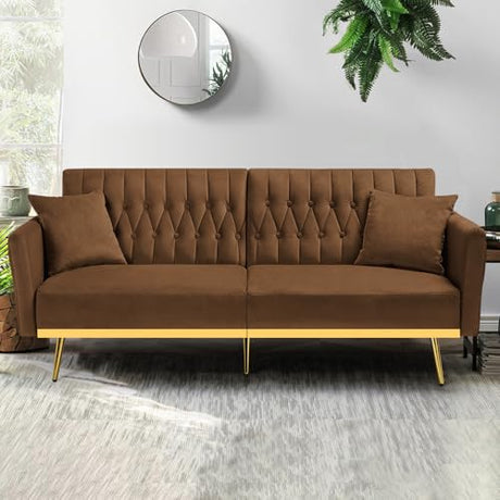 ACMEASE 70” Velvet Futon Sofa Bed with 2 Pillows and Adjustable Armrests, Convertible Sleeper Bed W/Adjustable Backrests, Modern Loveseat for Living Room, Bedroom, Brown ACMEASE