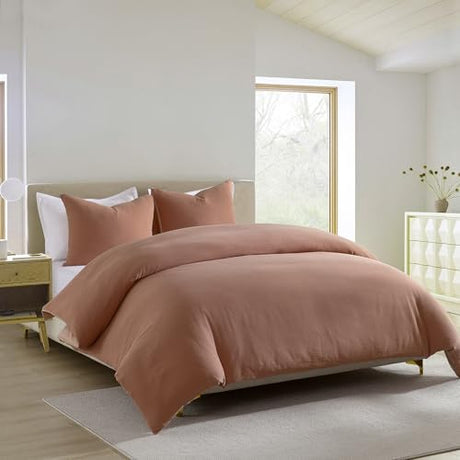 Bedduvit 100% Cotton Queen Size Duvet Cover Set - Soft Solid Color Queen Duvet Cover Set, Luxury Cotton Duvet Cover Queen, 3 Pieces Minimalist Bedding Set with Zipper Closures & Ties, Dusty Red Bedduvit