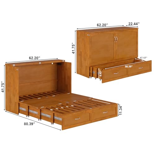 AFI, Marion Queen Wood Murphy Bed Chest with 6" Mattress, Storage Drawer, & Built-in Charger, Light Toffee AFI