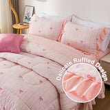 A Nice Night Rainbow Stripes & Bows Bedding Set,Ruffle 6 Piece Bed in a Bag Matching Sheet Set,Princess Style Chic Bow Printed,Light Pink Room Decor for Girls,Twin A Nice Night