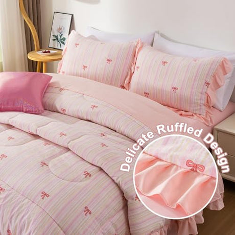 A Nice Night Rainbow Stripes & Bows Bedding Set,Ruffle 6 Piece Bed in a Bag Matching Sheet Set,Princess Style Chic Bow Printed,Light Pink Room Decor for Girls,Twin A Nice Night