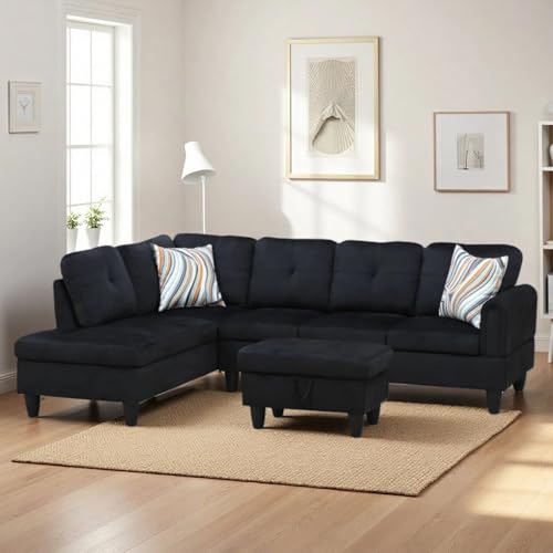 Trygoal L Shaped Couch Sectional Couches with Chaise and Storage Ottoman, 3 Pieces Modular Convertible Sofa for Living Room Furniture Sets and Small Apartment, Black Trygoal