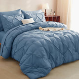 CozyLux King Size Comforter Set Grayish Blue, 7 Pieces Pintuck Bed in A Bag Blue Comforter King Size, Pinch Pleat Bedding Set with All Season Comforter, Sheets, Pillowcases & Shams CozyLux