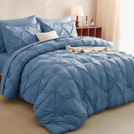 CozyLux King Size Comforter Set Grayish Blue, 7 Pieces Pintuck Bed in A Bag Blue Comforter King Size, Pinch Pleat Bedding Set with All Season Comforter, Sheets, Pillowcases & Shams CozyLux