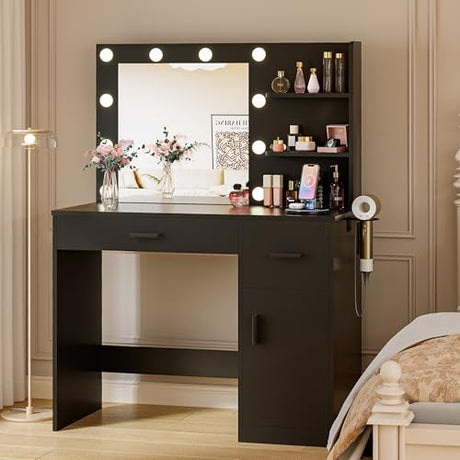 JUMMICO 35.4" Vanity Desk with LED Mirror & Power Outlet, Makeup Vanity Table with 3 Open Storage Shelves, Drawers and Cabinet, 3 Model Adjustable Lights for Bedroom & Dressing Room (Black) JUMMICO