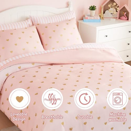 Wink Deer Twin Comforter Set with Sheets for Girls-5 Pieces Twin Bedding Sets with Pink Comforter, Sheets, Pillowcase & Sham for Kids (Pink Gold Heart, 66" X 86") Wink Deer