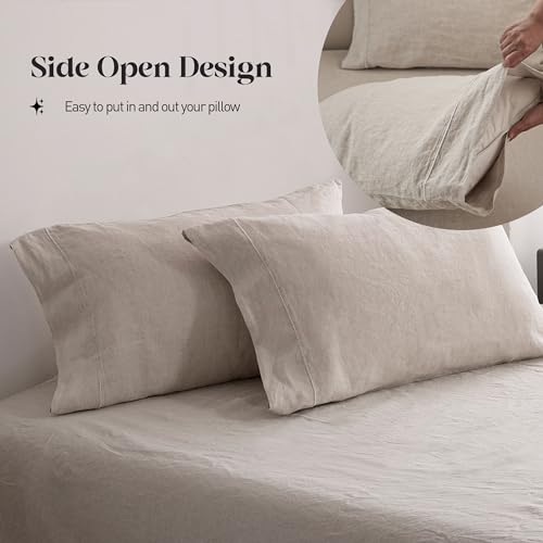 Simple&Opulence 100% Pure Linen Sheet Set Queen Size, Natural French Flax Solid Color 4 Pcs Washed Breathable, Farmhouse Bedding (1 Flat Sheet,1 Fitted Sheet,2 Pillowcases)-Embroidery Linen Simple&Opulence