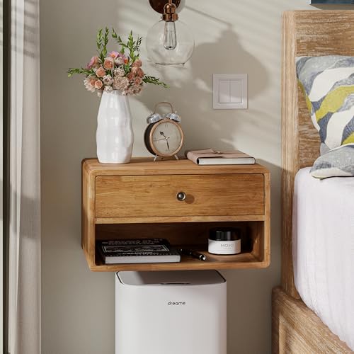 COZAYH Farmhouse Rubber Wood Floating Nightstand with Drawer and Open Shelf, Transitional Wall Mounted Side Table with Open Slot for Bedroom, Fully Assembled (Natural) COZAYH
