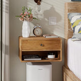 COZAYH Farmhouse Rubber Wood Floating Nightstand with Drawer and Open Shelf, Transitional Wall Mounted Side Table with Open Slot for Bedroom, Fully Assembled (Natural) COZAYH