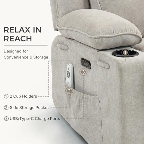Recliner Chair Power Control, Nursery Reclining & Rocking Chair and Glider, Massage Swivel Living Room Furniture for Small Spaces, Bedroom, RVS, Lounge Sofa Chairs with USB & Type C Ports, Light Gray