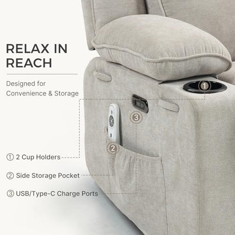 Recliner Chair Power Control, Nursery Reclining & Rocking Chair and Glider, Massage Swivel Living Room Furniture for Small Spaces, Bedroom, RVS, Lounge Sofa Chairs with USB & Type C Ports, Light Gray BRTHORY