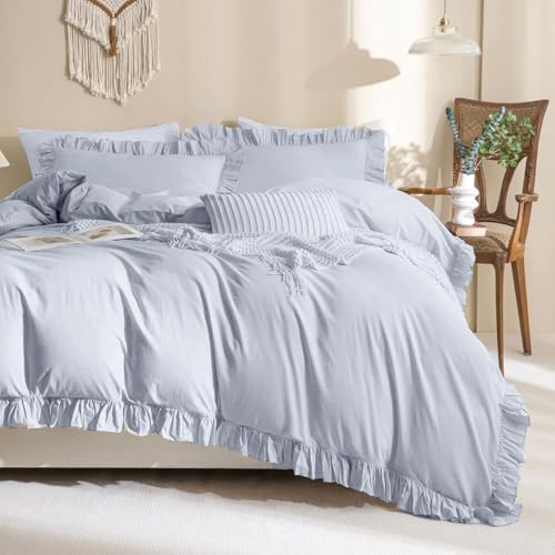 Sanracie Ruffled Bedding Comforter Sets King Size, Cotton Comforters Set 3Pcs for All Season Cornflower Blue Shabby Boho Chic Bedding French Country Farmhouse Rustic Aesthetic Bedroom Sets Sanracie