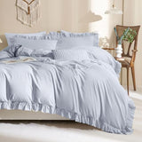 Sanracie Ruffled Bedding Comforter Sets King Size, Cotton Comforters Set 3Pcs for All Season Cornflower Blue Shabby Boho Chic Bedding French Country Farmhouse Rustic Aesthetic Bedroom Sets Sanracie