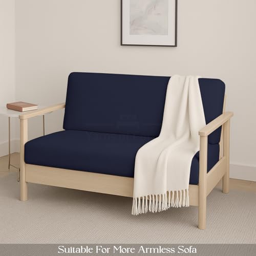 Full Size Armless Futon Covers - 100% Cotton Futon Slipcovers - Zippered Couch Cover Sofa Bed Protector, Sleeper Sofa Cover, Machine Washable, Navy Blue Yarns of Cotton
